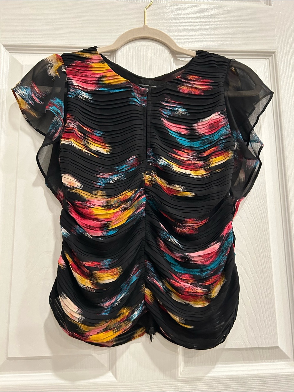 NWOT White House Black Market Multicolor Abstract Flutter Sleeve Blouse Size 0 - Picture 4 of 11